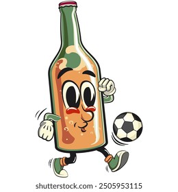 bottle beer cartoon character retro vector design dribbling a football or soccer ball, work of hand drawn