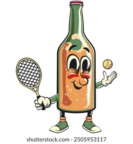 bottle beer cartoon character retro vector design playing tennis, work of hand drawn