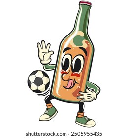 bottle beer cartoon character retro vector design playing football or soccer ball with his feet, work of hand drawn