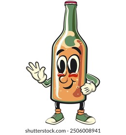 bottle beer cartoon character retro vector design greet by waving your hand, work of hand drawn