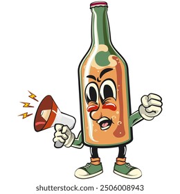 bottle beer cartoon character retro vector design shouting with a loudspeaker, work of hand drawn