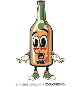 bottle beer cartoon character retro vector design in a bow tie and surprised, work of hand drawn