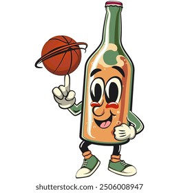 bottle beer cartoon character retro vector design spin the basketball with the index finger, work of hand drawn