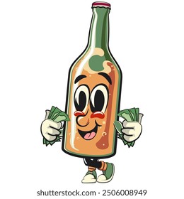 bottle beer cartoon character retro vector design carrying money, work of hand drawn