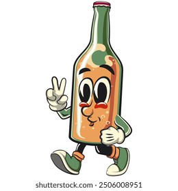 bottle beer cartoon character retro vector design walking with a peace sign,work of hand drawn