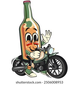 bottle beer cartoon character retro vector design riding a big motorcycle, work of hand drawn