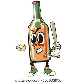 bottle beer cartoon character retro vector design playing baseball ready to hit the ball with the bat, work of hand drawn