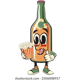 bottle beer cartoon character retro vector design brought a bucket of popcorn, work of hand drawn