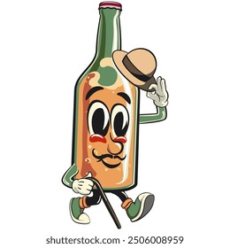 bottle beer cartoon character retro vector design carrying a stick and saluting with raised hat, work of hand drawn