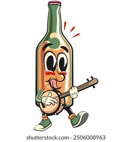 Diseño retro del Vector del carácter de la historieta de la cerveza de la botella que juega el instrumento musical del banjo, trabajo de la mano dibujada