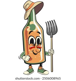 bottle beer cartoon character retro vector design as farmer in hat with his fork, work of hand drawn