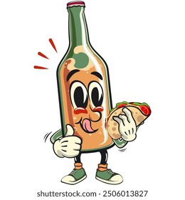 bottle beer cartoon character retro vector design carrying a taco while giving a thumbs up, work of hand drawn