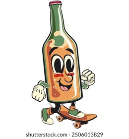 bottle beer cartoon character retro vector design playing skateboarding, work of hand drawn