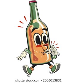 bottle beer cartoon character retro vector design is blowing the whistle, work of hand drawn