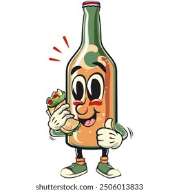 bottle beer cartoon character retro vector design carrying a burritos while giving a thumbs up, work of hand drawn