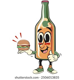 bottle beer cartoon character retro vector design carrying a burger while giving a thumbs up, work of hand drawn