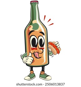 bottle beer cartoon character retro vector design with hotdog, work of hand drawn