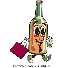 bottle beer cartoon character retro vector design wearing a tie and carrying a suitcase rushing to the office, work of hand drawn