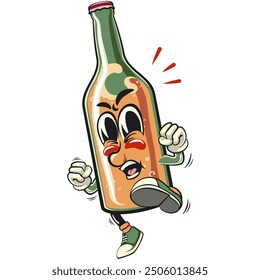 bottle beer cartoon character retro vector design enthusiastically jumping and kicking, work of hand drawn