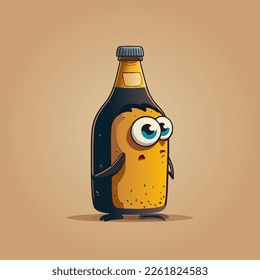 Bottle of beer in cartoon style. Bottle with eyes, arms and legs. Advertising concept for beer.