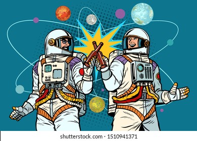 a bottle of beer cheers. two friends of the astronaut celebrate scientific achievements in space. cosmonautics day. Pop art retro vector illustration drawing vintage kitsch