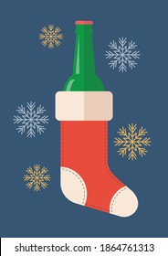 Bottle of Beer in Christmas Stocking with snowflake pattern. Greeting card vector illustration