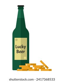 Bottle of beer with coins on white background. St. Patrick's Day