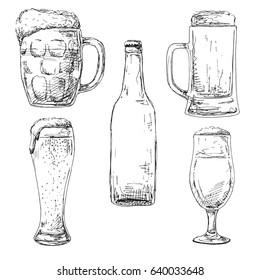 Bottle of beer, different glasses and mugs of beer. Vector illustration of a sketch style.