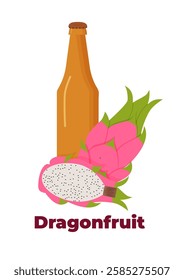 A bottle of beer with Dragonfruit. For poster, card, banner, discount, special offer, cover, menu, advertising.. Vector illustration EPS10 
