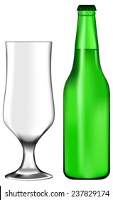 A bottle of beer and an empty glass