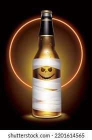 Una botella de cerveza con traje de fantasma en un fondo oscuro. Concepto del festival de Halloween. vector, ilustrador.