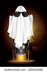 A bottle of beer in a ghost costume on a dark background. Halloween festival concept. vector, illustrator.