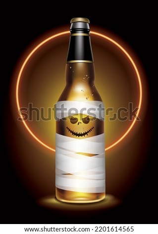 A bottle of beer in a ghost costume on a dark background. Halloween festival concept. vector, illustrator.