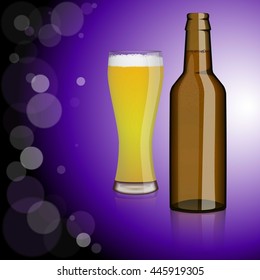 Bottle of beer, glass of beer.Entertainment, drinks. Design for bars