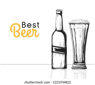 Bottle of beer. Glass with beer. Best beer. Vector illustration of a sketch style.