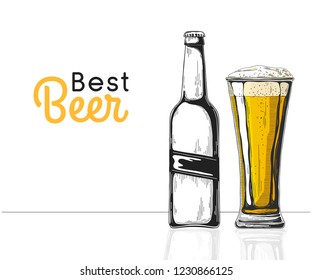 Bottle of beer. Glass with beer. Best beer. Vector illustration of a sketch style.