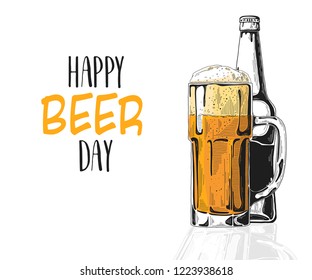 Bottle of beer. Glass with beer. Caption: happy beer day. Vector illustration of a sketch style.