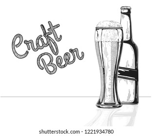 Bottle of beer. Glass with beer. Craft beer. Vector illustration of a sketch style.