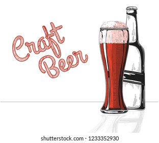 Bottle of beer. Glass with beer. Craft beer. Vector illustration of a sketch style.