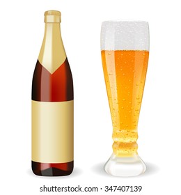 Bottle of beer. Glass of beer with drops. Vector illustration isolated on white background.