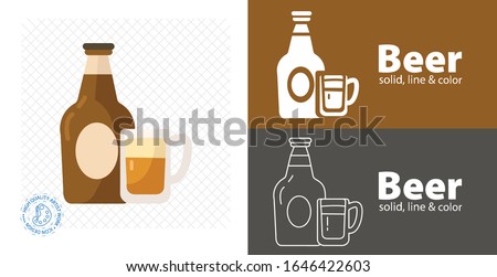 Bottle of beer with glass, flat design modern vector illustration.