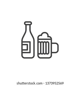 Bottle of beer and glass line icon. Alcohol drink linear style sign for mobile concept and web design. Beer mug and beer bottle outline vector icon. Symbol, logo illustration. Pixel perfect vector 