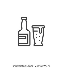 Bottle of beer and glass line icon. linear style sign for mobile concept and web design. Beer pint and bottle outline vector icon. Pub symbol, logo illustration. Vector graphics