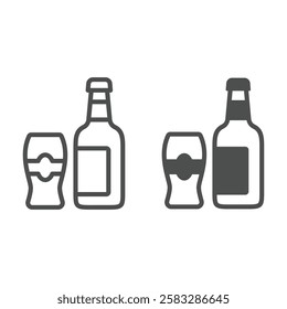 Bottle of beer and glass line and solid icon, low alcohol beverages concept. Vector graphics. Bar drink sign on white background, outline style icon for mobile or web design