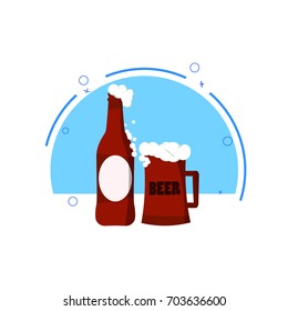 Bottle of beer with glass, mug, flat design modern vector illustration on blue circle background