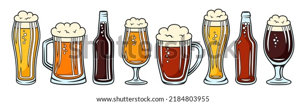 Bottle beer or glass, mugs retro set.\
Different types alcohol beer dark, wheat, stout, ale, cider, lager\
porter. Brewery, bar, pub beer festival, Oktoberfest engraving.\
Design poster, menu,\
invitation
