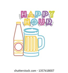 bottle of beer and glass in neon light