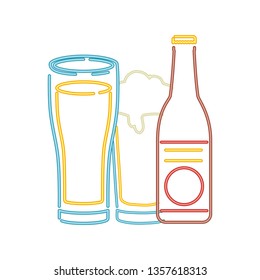 bottle of beer and glass in neon light