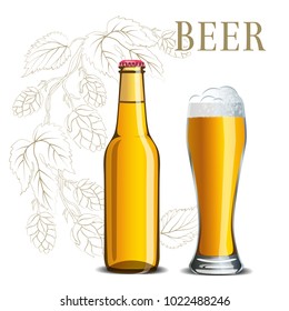 Bottle of beer and a glass on the background of a hops sketch, an illustration for a menu