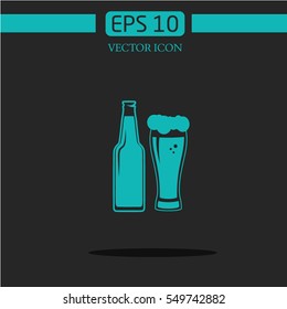 a bottle of beer and a glass. Pio logo